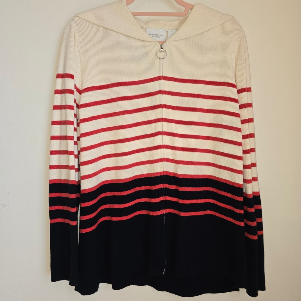 Liz Claiborne Vintage Knit Cardigan Sweater Full Zip Striped Nautical